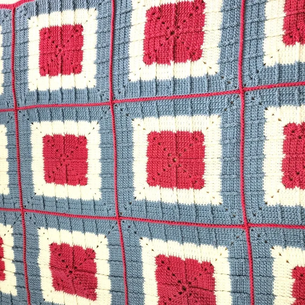 Afghan Crotched Handmade Blue Pink White Size 74.75"L x 63"W Full or Double - Picture 3 of 5